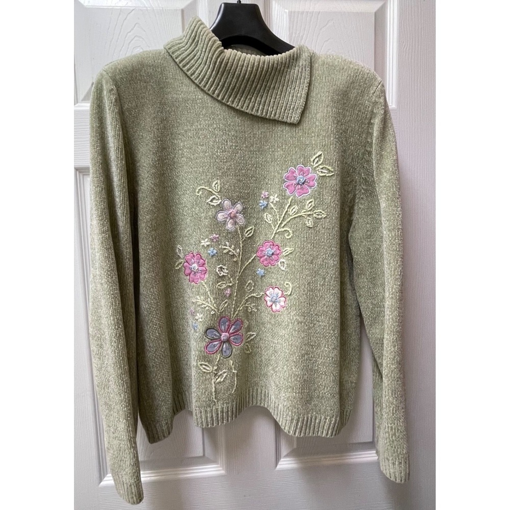 Alfred Dunner Women's XLarge Beaded Embroidered Floral Chenille Collared Sweater - Picture 2 of 14